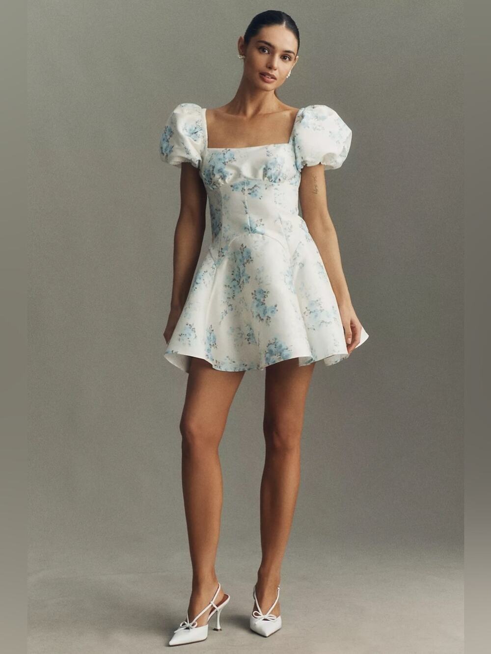 BHLDN Puff-Sleeve Printed Dupioni Fit & Flare Mini Dress